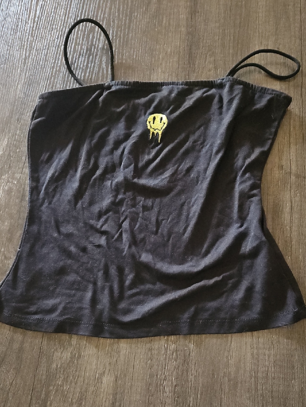 Small Black Spaghetti-Strap Camisole with Yellow Drip Smile